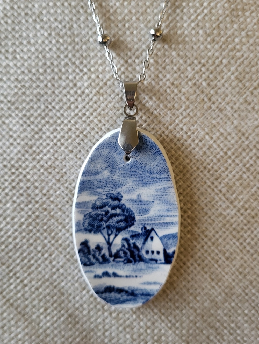 Vintage Staffordshire "Blue Brook" Broken China Pendant 1973
